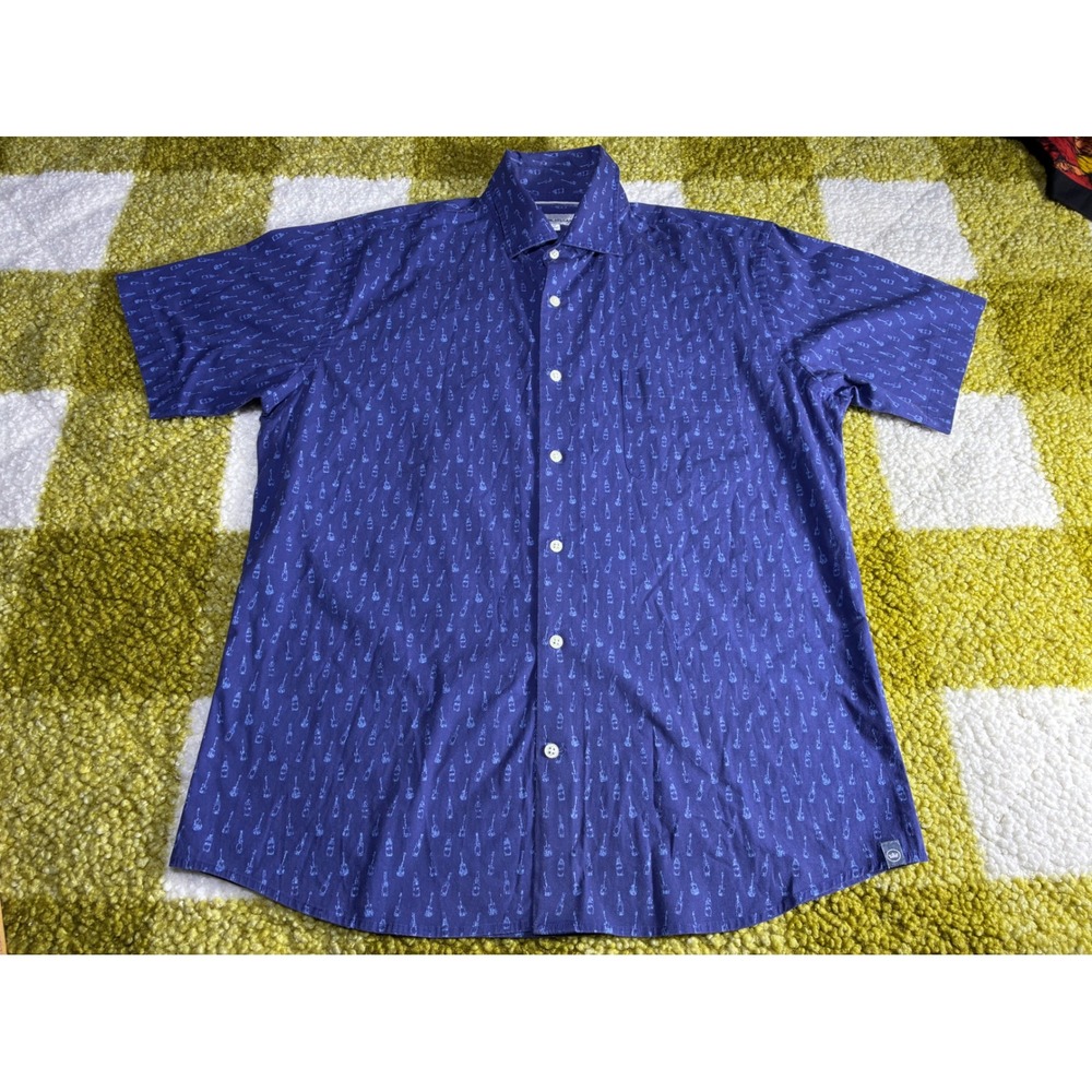 Peter Millar Mens Medium Guitar Beer Bottle Print Short Sleeve Button Shirt